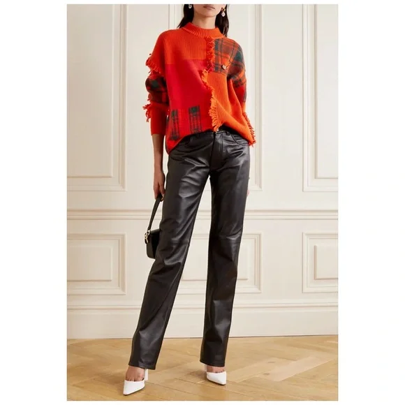 VERSACE Red Fringe Patchwork Wool Sweater With Saferty Pin Embellishment Size XS